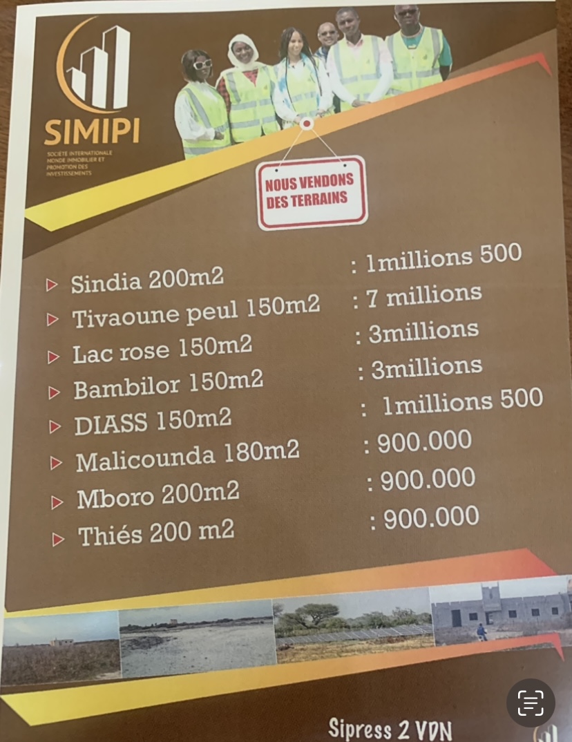 Terrains à vendre  Des terrains à des prix très abordables avec la SIMIPI à Thies ,Malicounda,Bambilor ,Diass,Sindia etc