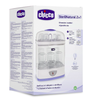 STÉRILISATEUR CHICCO 2 EN 1 Une machine de choix, de qualité supérieure, compact, facile à utiliser, assure une hygiène maximale en 5 minutes (99,9% des germes), peut contenir 5 à 7 biberons. Sans BPA.