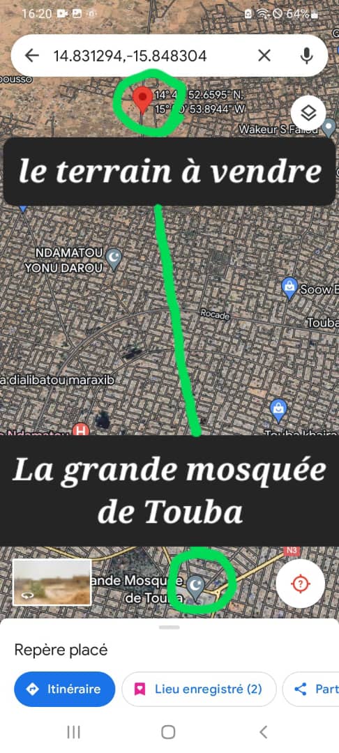 Terrain à vendre Terrain de 400m² à vendre à Touba deuxième position de la route coté corniche principal de Touba 3, 8 kilomètres au grande mosquée de Touba