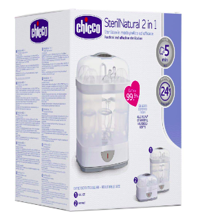 STÉRILISATEUR CHICCO 2 EN 1 Une machine de choix, de qualité supérieure, compact, facile à utiliser, assure une hygiène maximale en 5 minutes (99,9% des germes), peut contenir 5 à 7 biberons. Sans BPA.