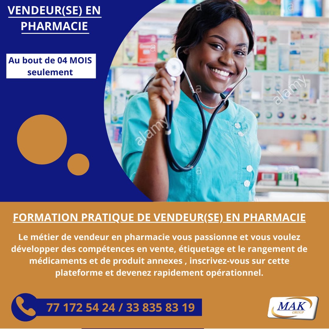 VENDEUR(SE) EN PHARMACIE Devenez un(e) excellent(e) vendeur(se) en pharmacie en pharmacie avec cette plateforme de formation pratique et professionnelle dans une courte durée.