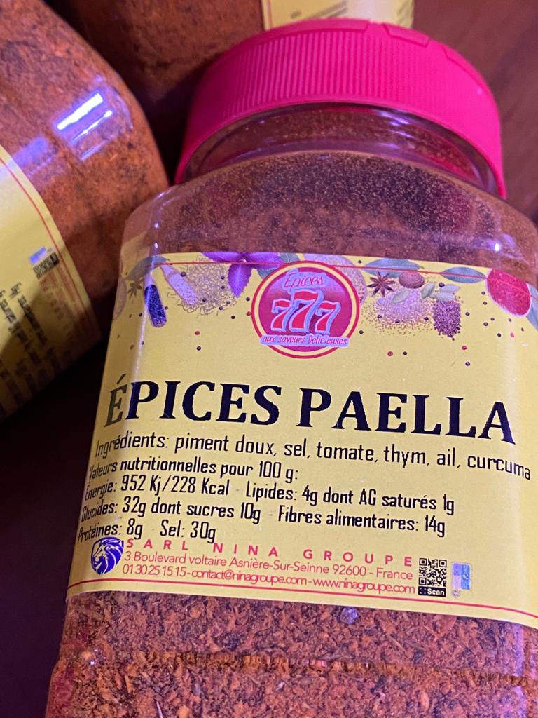 Epice Paella Epices Paella venant de France.
Ingrédients: piment doux, sel, tomate, thym,
Ail, curcuma