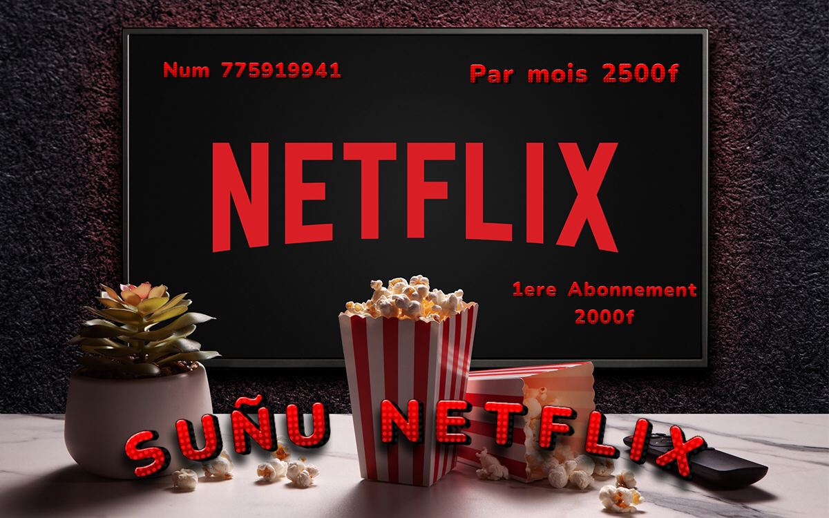 Netflix abonnement  Abonnement netflix 
Le mois à 2500 
3 mois à 7000
L’année à 27000
Numéro de téléphone 
775919941