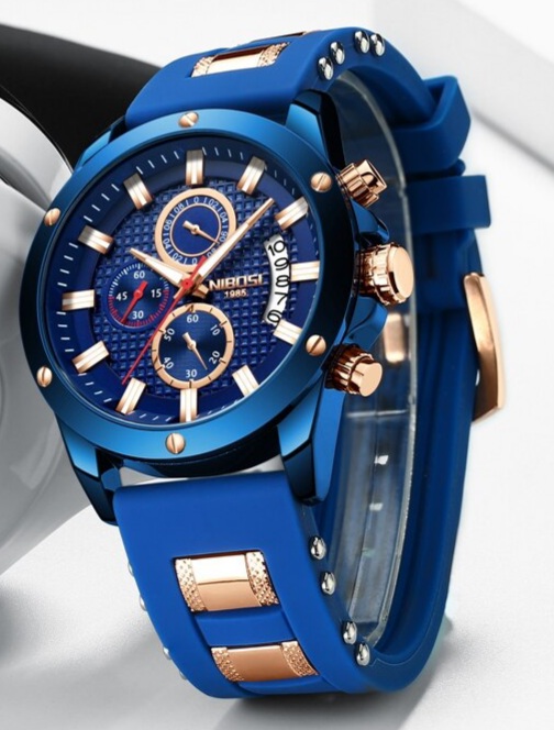 Montre de luxe Nibosi bleue La montre ci-dessous est la Nibosi bleue en acier et silicone inoxydable et résistante à l
