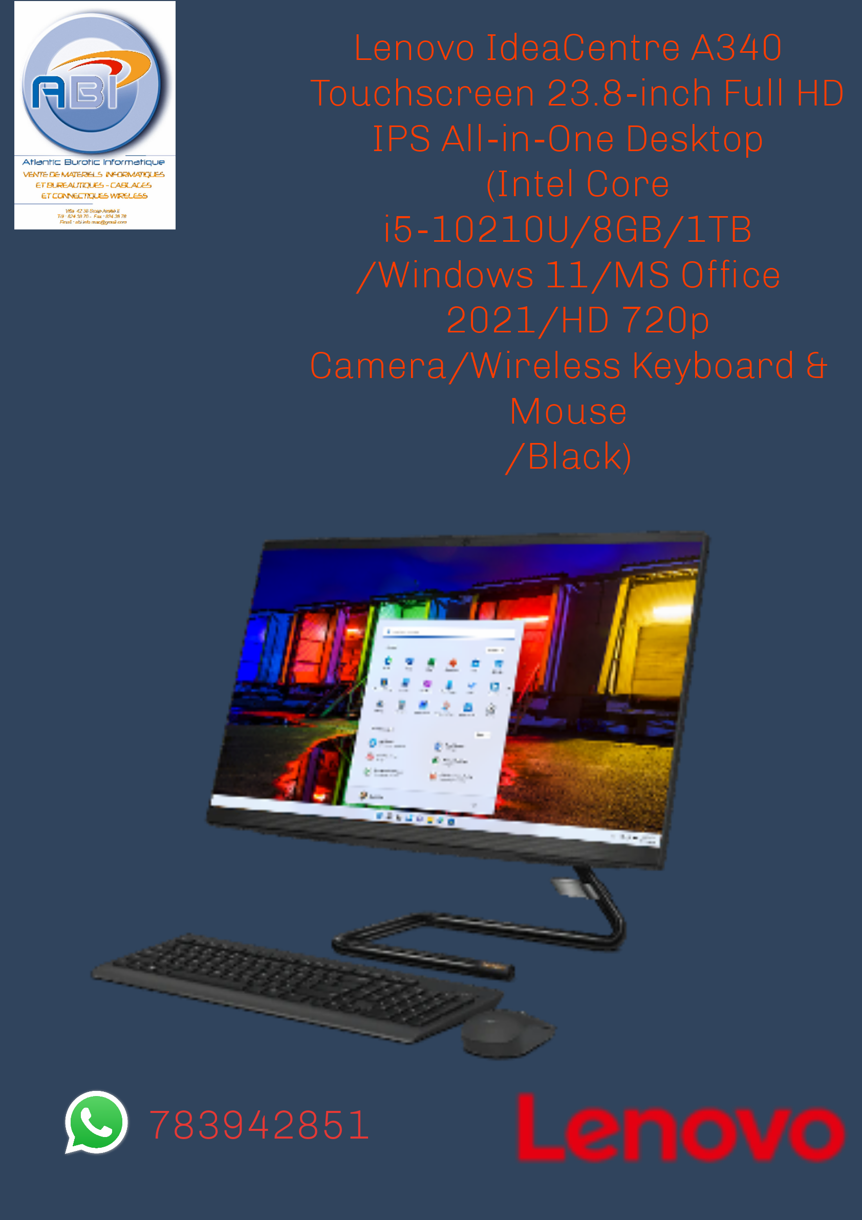 Lenevo Tout en un Lenovo IdeaCentre A340 Touchscreen 23.8-inch Full HD IPS All-in-One Desktop (Intel Core i5-10210U/8GB/1TB /Windows 11/MS Office 2021/HD 720p Camera/Wireless Keyboard & Mouse/Black)