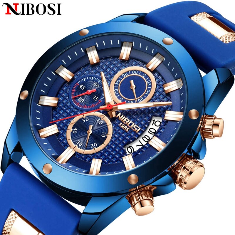 Montre Nibosi bleue Montre haut de gamme Nibosi bleue en acier et silicone inoxydable et résistante à l