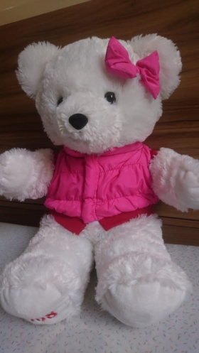 Peluche teddy white&Pink Belle et adoroble nounours de couleur blanche avec sa jolie tenue rose et son charmant noeud sur le côté gauche de sa tête.elle vous plait deja j