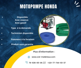 motopompe  Bonjour, nous mettons à votre disposition des motopompes de Diamètre 50, 80, 100,  et 150 à de bon prix .Contactez nous au 777449337  ou au 766360506 (disponible sur WhatsApp aussi) et faites vous livrer gratuitement partout sur Dakar .
