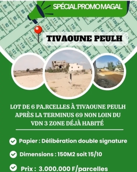 Terrains Tivaoune peul coté terminus 69 Lot de 6 parcelles tivaoune peul habité coté terminus 69 et Vdn3
Délibération double signature 
Prix : 3 millions/parcelle prom Magal
