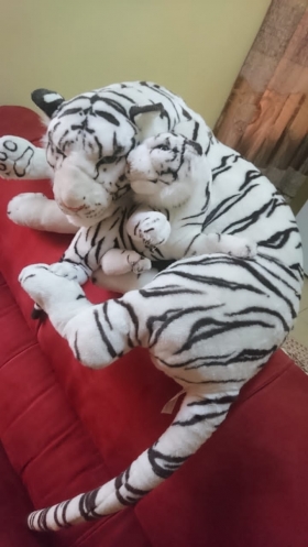Tigre Blanc Géant(Maman et Bébé) Waouh!Voici Deux Magnifiques Tigres en Peluche(Maman et Bébé)de Couleurs blanches avec leurs rayures noires et Marron,leurs yeux bleus,leurs immenses pattes et leurs longues queues.Ces deux tigres sont d