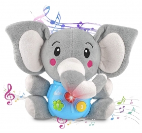 POUPÉE PELUCHÉE ÉLÉPHANT MUSICAL  Jouet en poupée éléphant musical peluché, émet des sons à la pression. Un compagnon de tous les jours pour votre enfant de 6 mois et plus.