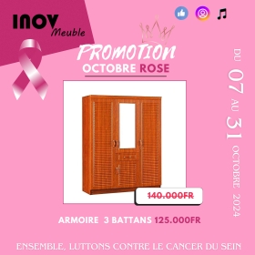 Armoires 3/4 battants Promo octobre rose22 SPÉCIALE PROMO OCTOBRE ROSE 
De Grandes Armoires en bois + miroir, toutes neuves de 1ère, qualité supérieure et importés. Disponibles en plusieurs couleur, différents design et en 3 et 4 battants. À partir de 125.000fr.

Le prix varie selon le nombre de battants.

Livraison + Montage GRATUITS partout dans la ville de  Dakar. 
Contactez-nous ! Pur plus d