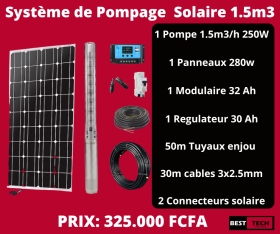 VENTE DE KIT DE POMPAGE SOLAIRE 1.5m3/h 250W SYSTEME DE POMPAGE SOLAIRE AU SENEGAL

Chers, client, Best continental vous propose ce KIT DE POMPAGE SOLAIRE immergé de 1.5m3/h 250w pour une profondeur de 50m , très pratique pour irrigation , forage , pompage ….
Le Kit est composé de :

• -1 pompe solaire 1,5M3/H 250W
• -1 panneaux solaires de 280w
• -1 régulateur de 30 Ah
• -1 Modulaire 32 Ah
• -30 m de câble 3x2.5mm
• -50 m tuyaux enjou
• -2 connecteurs

PRIX PROMO : 325.000 F CFA
--------------------------------------------------------------------------------
LIVRAISON PARTOUT A DAKAR
