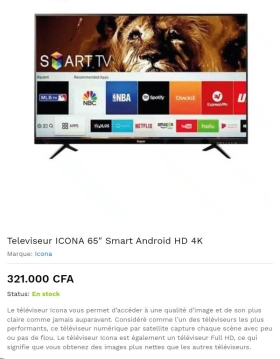 Vente de téléviseurs toutes marques Téléviseur ICONA 
SMART Android HD 4K