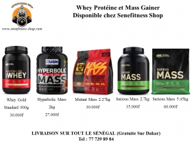 Protéines et Mass Gainer Whey Protéine et Mass Gainer.
Disponible chez Senefitness Shop
