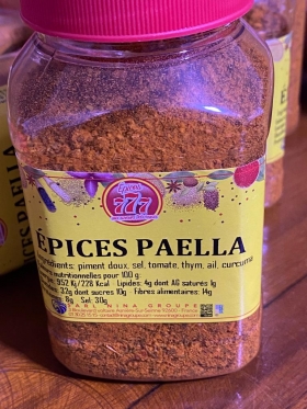 Epice Paella Epices Paella venant de France.
Ingrédients: piment doux, sel, tomate, thym,
Ail, curcuma