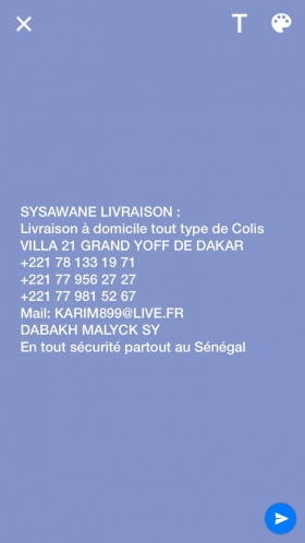 SYSAWANE livraison Bonjour pour votre sécurité nous sommes disponible  pour livrer vos colis partout au Sénégal et en toute sécurité.
Merci de nous contacter.