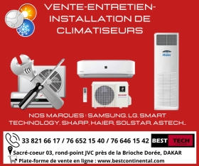 VENTE DE CLIMATISEURS AU SENEGAL 11 VENTE DE CLIMATISEURS AU SENEGAL 11
Bonjour chers client, Best continental vous propose DES CLIMATISEURS de très bonne qualité, pour vous rafraichir l’air et combattre la chaleur avec une consommation d’électricité moyenne.
Commandez et faite vous livrez en toute sécurité.
• Climatiseur Smart Technology 9000 btu 1cv : 150 000 FCFA,
• Climatiseur Smart Technology 18000 btu 2cv  : 240 000 FCFA,