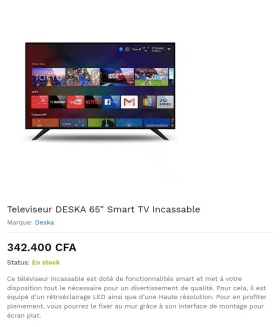 Vente de téléviseurs toutes marques Téléviseur deska 65 pouces 
Smart TV
Incassable 