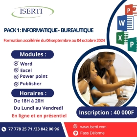 Formation en Informatique Bureautique Formation accélérée du 06 Septembre 2024 au 04 Octobre 2024
Word
Excel
PowerPoint
Publisher
De 18h à 20h 
Du Lundi au Vendredi
En ligne et en présentiel
Inscription: 40 000 F

