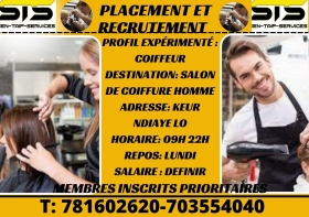 COIFFEUR/SE Profil expérimenté : Coiffeur
Destination: Salon de coiffure homme
Adresse: Keur Ndiaye Lo
Horaire: 09h 22h
Repos: Lundi
Salaire : A DEFINIR