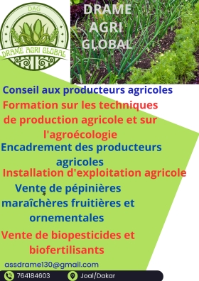 Dramé Agri Global  Dramé Agri Global est une entreprise agricole qui offre les services suivants: conseil agricole, formation sur techniques de production agricole, les bonnes pratiques agricoles et l