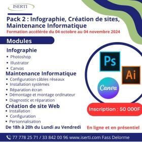 Formation Infographie, Création de site, Maintenance informatique Formation accélérée du 04 Octobre au 04 Novembre 2024
Modules
Infographie
Illustrator
Photoshop
Canva
Maintenance informatique
Configuration câbles réseaux
Installation systèmes
Réparation écran
Démontage et montage ordinateur
Diagnostic et réparation 
Création de site Web
Installation
Configuration
Personnalisation
En ligne et en présentiel
De 18h à 20h du Lundi au Vendredi