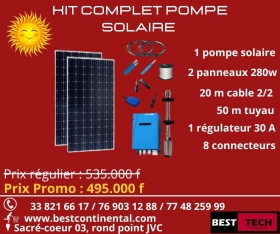 VENTE KIT DE POMPAGE SOLAIRE A VENDRE AU SENEGAL Chers, client, Best continental vous propose ce KIT DE POMPAGE SOLAIRE immergé de 3.5m3 pour une profondeur de 50.
Le Kit est composé de :

• -1 pompe solaire DE 3,5M3/H
• -2 panneaux solaires de 280w
• -20 m de câble 2x2
• -50 m tuyau
• -8 connecteurs
• -1 régulateur de 30 A.

 ✅   PRIX PROMO : 495.000 F CFA

Service commercial : +221 33 821 66 17 / 76 883 85 11 / 76 9303 12 88
POUR PLUS DE PRODUITS, VEUILLEZ VISITER NOTRE SITE INTERNET : www.bestcontinental.com
BEST, L