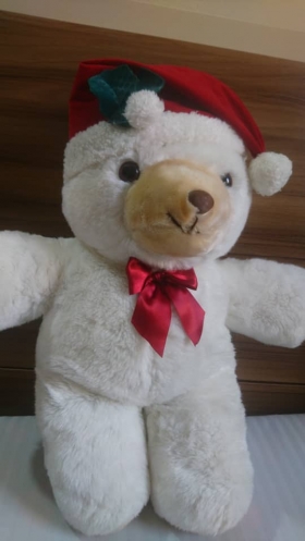 Peluche Ours Noël  Voici une jolie peluche ours noël de Couleur Blanche avec son magnifique bonet et son noeud rouge qui vous font immédiatement penser à cette douce période de noël.c