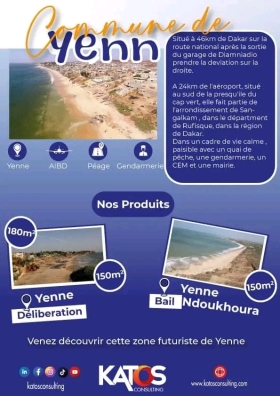 KATOS CONSULTING EST UNE ENTREPRISE IMMOBILIERE LEADER DANS LE SECTEUR DU BTP AU SENEGAL site: yenne
superficie: 180m2/150m2
nature juridique: délibération/bail
prix cash: 3millions 500milles/4millions
prix moratoire: 4millions/4miilions 500milles
acompte:50%
reliquat: 12 mois