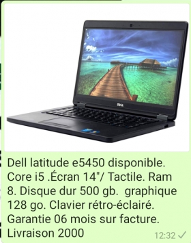 Dell latitude e5450 Core i5.
Ram8 go
Disque dur 500 gb
Graphique 128 go
Écran 14 pouces tactile
Clavier rétro-éclairé.
Facture plus Garantie 06 mois
Livraison 2000. Tout droit sorti du magasin