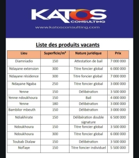 KATOS CONSULTING EST UNE ENTREPRISE IMMOBILIERE LEADER DANS LE SECTEUR DU BTP AU SENEGAL Nous vous présentons nos différents sites disponibles ainsi que leurs nature juridiques et leurs prix



