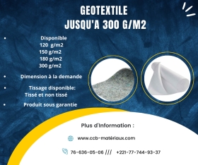 geotextile          Bonjour, nous mettons à votre disposition des géotextiles de très bonne qualité à un bon prix abordable. Contactez nous au 777449337 ou au 766360506 (disponiblesur WhatsApp aussi) et faites vous livrer gratuitement partout sur Dakar.
