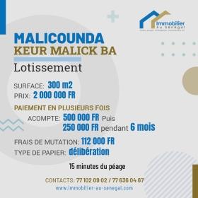 Terrains de 300 mètres carrés à vendre à Malicounda Sénégal Des terrains de 300 mètres carrés à vendre à Malicounda keur Malick Bâ
Avec possibilité de paiement  par tranche
À 15 minutes du péage
Type de papier: délibération
Zone calme
Accès facile
Aéroport AIBD à 30 minutes
Dakar à 45 minutes en voiture
Bon pour projet à usage d’habitation ou d’investissement immobilier
Prix : 2.000.000 de francs CFA soit 3.053 euros / parcelle

