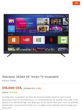 Vente de téléviseurs toutes marques Téléviseur deska 55 pouces
Smart TV incassable 