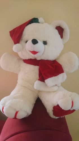 Peluche Ours Noël blanc  Voici une trés belle peluche de couleur blanche avec son Echarpe rouge et son bonnet rouge de pére noël qui font immédiatement penser à cette magnifique période de Noël.C