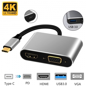Hub 4in1 Usb C vers Hdmi 4k Vga Usb 3.0 Pd Charge Thunderbolt 3 Adaptateurs Usb C vers Vga Connectez-vous simplement au port HDMI et profitez d