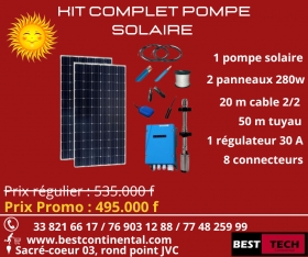 PROMO KIT COMPLET POMPE SOLAIRE -1 pompe solaire 400 watt ;
-2 panneaux solaires 280w ;
-20 m cable 2/2 ;
-50 m tuyau ;
-8 connecteurs ;
-3,5 m3 / 50 m de profondeur
-1 régulateur 30 A.

PRIX REGULIER : 535.000 f,
PRIX PROMO : 495.000 f 
GARANTIE
LIVRAISON PARTOUT A DAKAR
