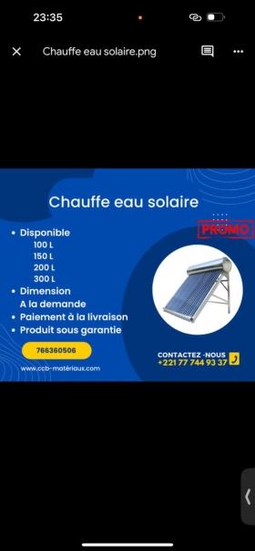 chauffe-eau solaire Bonjour, nous mettons à votre disposition des chauffe-eau solaires. Au besoin Contactez nous au 777449337 ou au 766360506 (disponible sur WhatsApp aussi) et faites vous livrer gratuitement partout sur Dakar.
 
