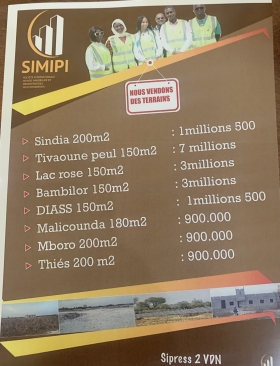 Terrains à vendre Avec la SIMIPI Des Terrains à vendre à Thies,Bambilor,Sindia,Diass etc
Et Actuellement la Société SIMIPI est en promotion.Merci